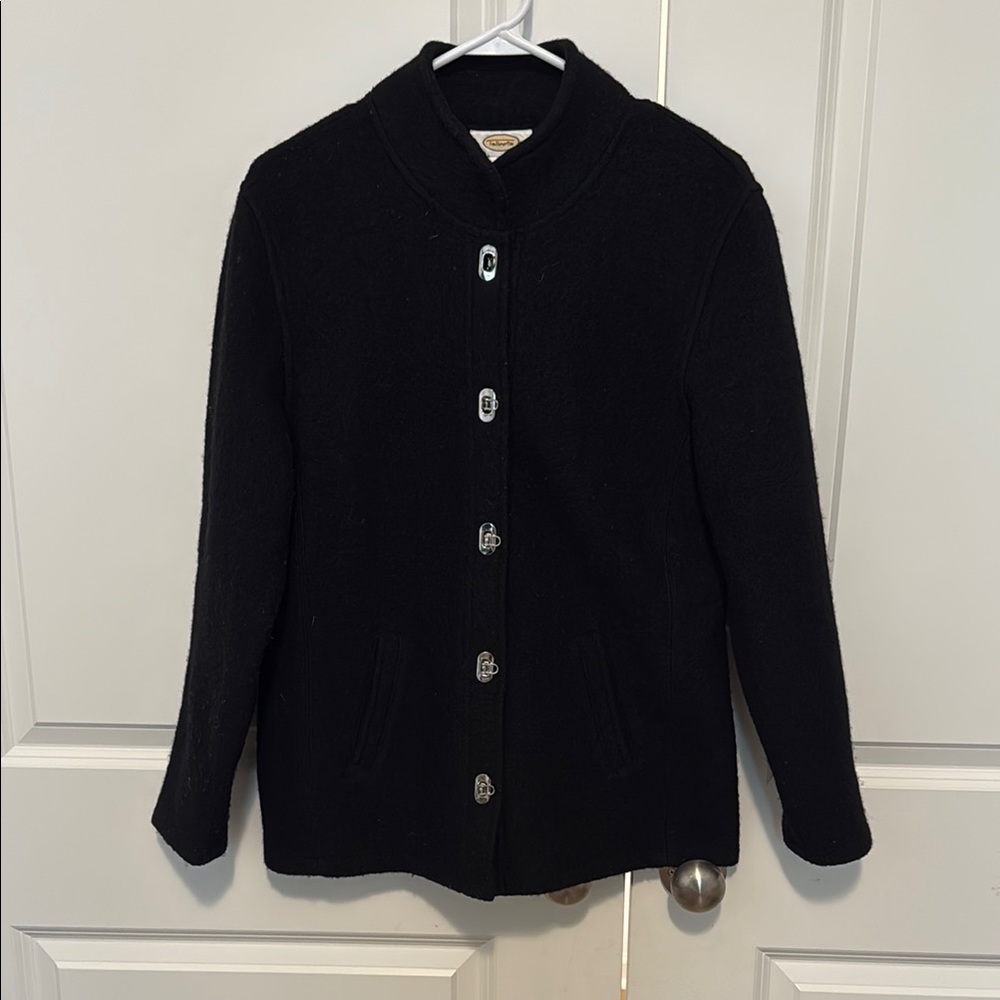 Black Wool Pea Coat with Prominent Collar